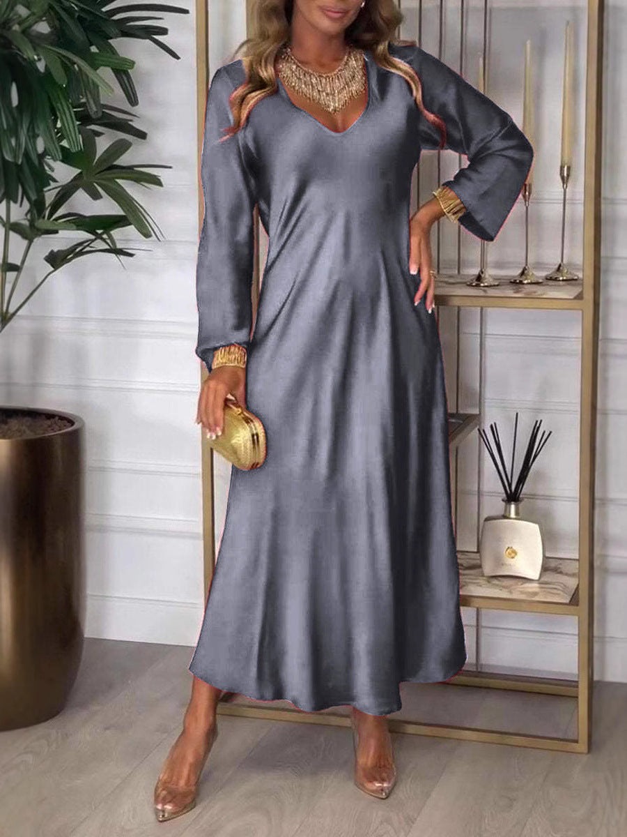 SWVWS New 2025 cross-border independent station new v-neck long-sleeved autumn solid color sexy dress long dress