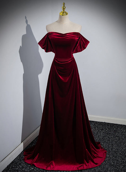 Tmallworld Wine Red Velvet Off Shoulder A-line Long Party Dress, Wine Red Floor Length Prom Dress