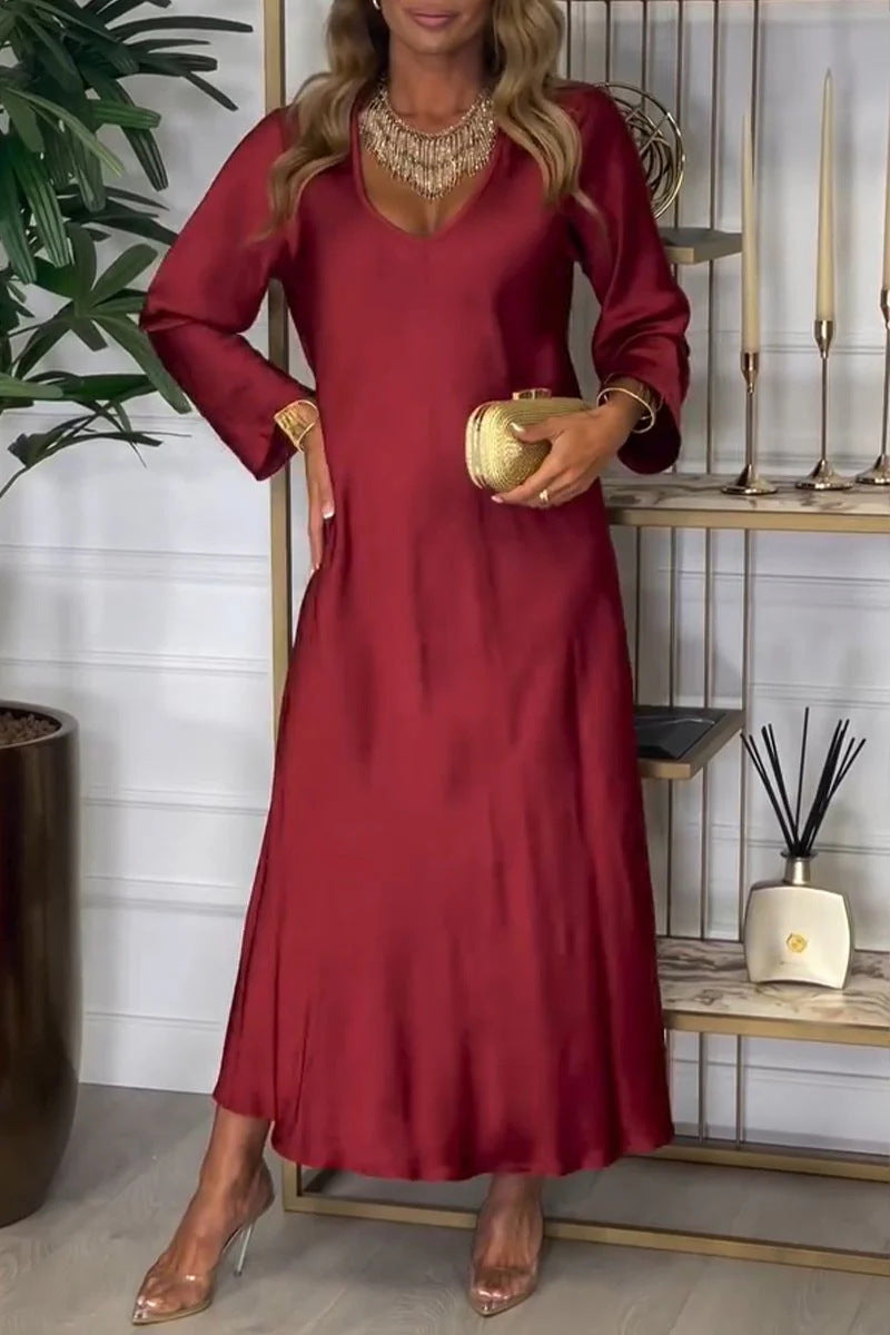 SWVWS New 2025 cross-border independent station new v-neck long-sleeved autumn solid color sexy dress long dress