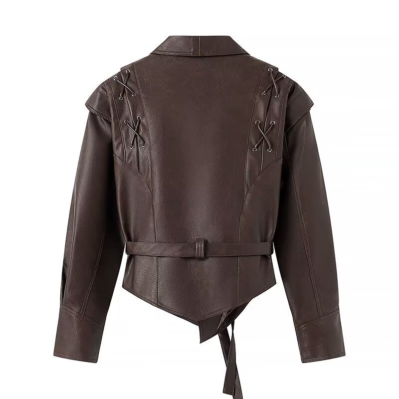 1786  European and American cross-border clothes women's winter Merad wear waist lapel street trendy pu leather jacket