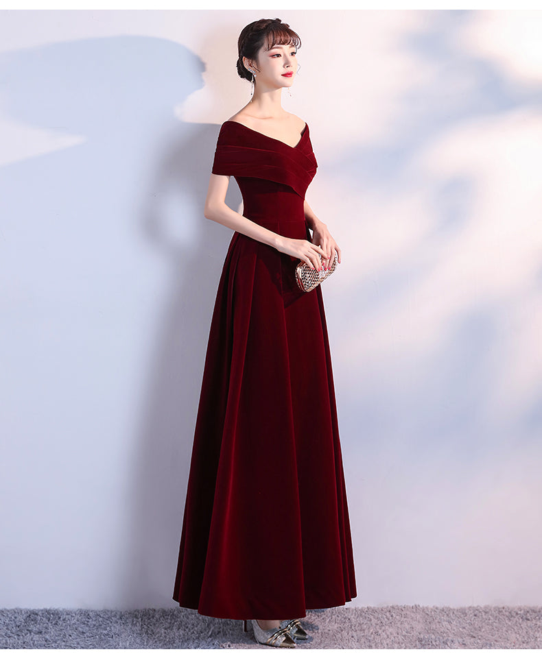 Tmallworld Elegant Wine Red Long Off Shoulder Velvet Party Dress, A-line Long Prom Dress