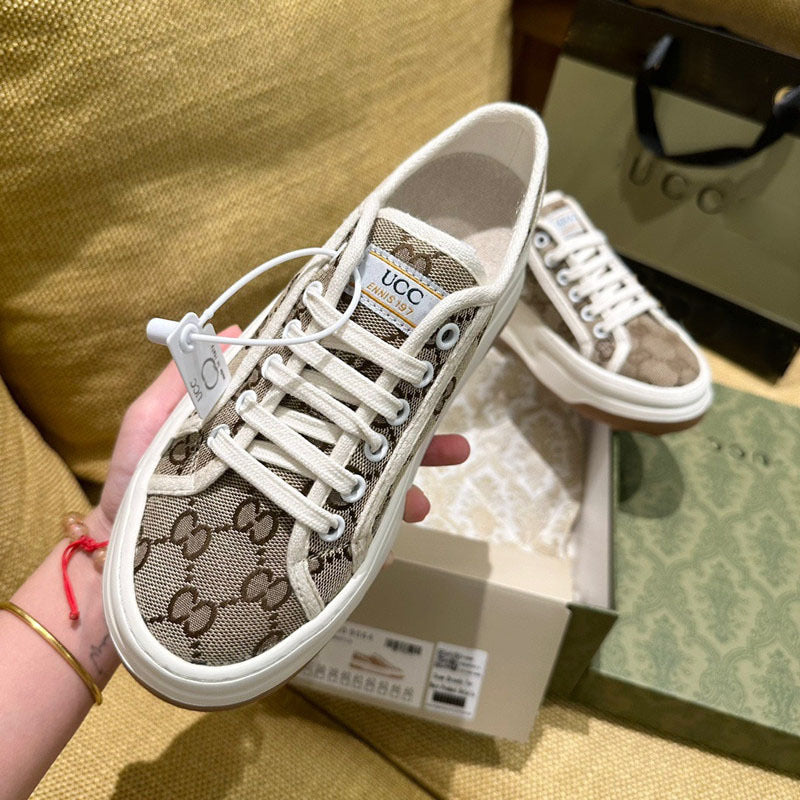 swvws 23 Summer New 1977 Platform Canvas Shoes Women's Vintage Embroidered Dad Shoes High-Low Top Lace-up Canvas Shoes Couple Style