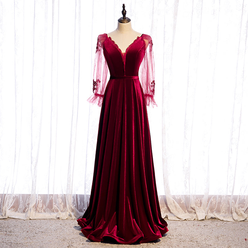 Tmallworld Wine Red Velvet Long Party Dress Prom Dress, A-line Long Sleeves Formal Dresses