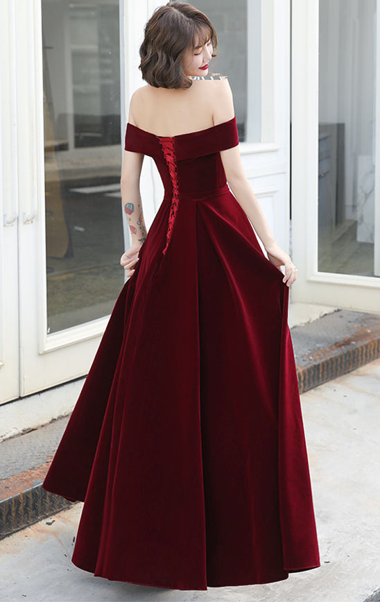 Tmallworld Beautiful Wine Red Off Shoulder Long Velvet Party Dress, Prom Dress