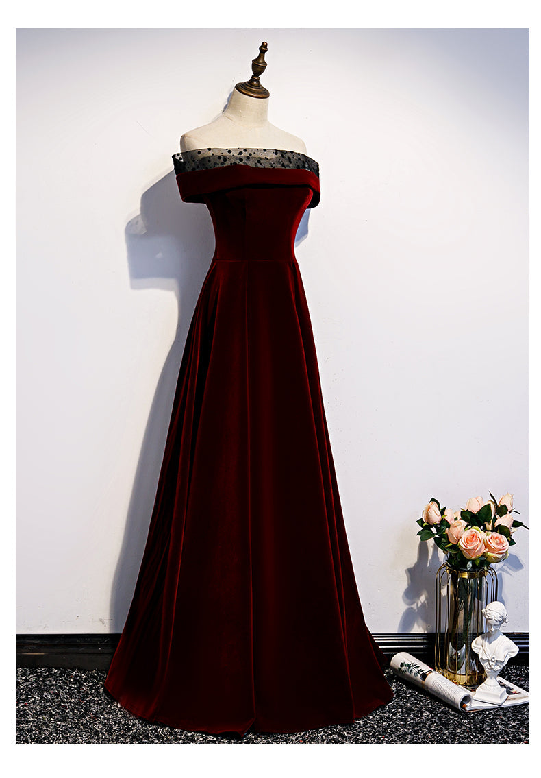 Tmallworld Charming Dark Red Velvet Long Prom Dress, Junior Prom Dress, Evening Gown