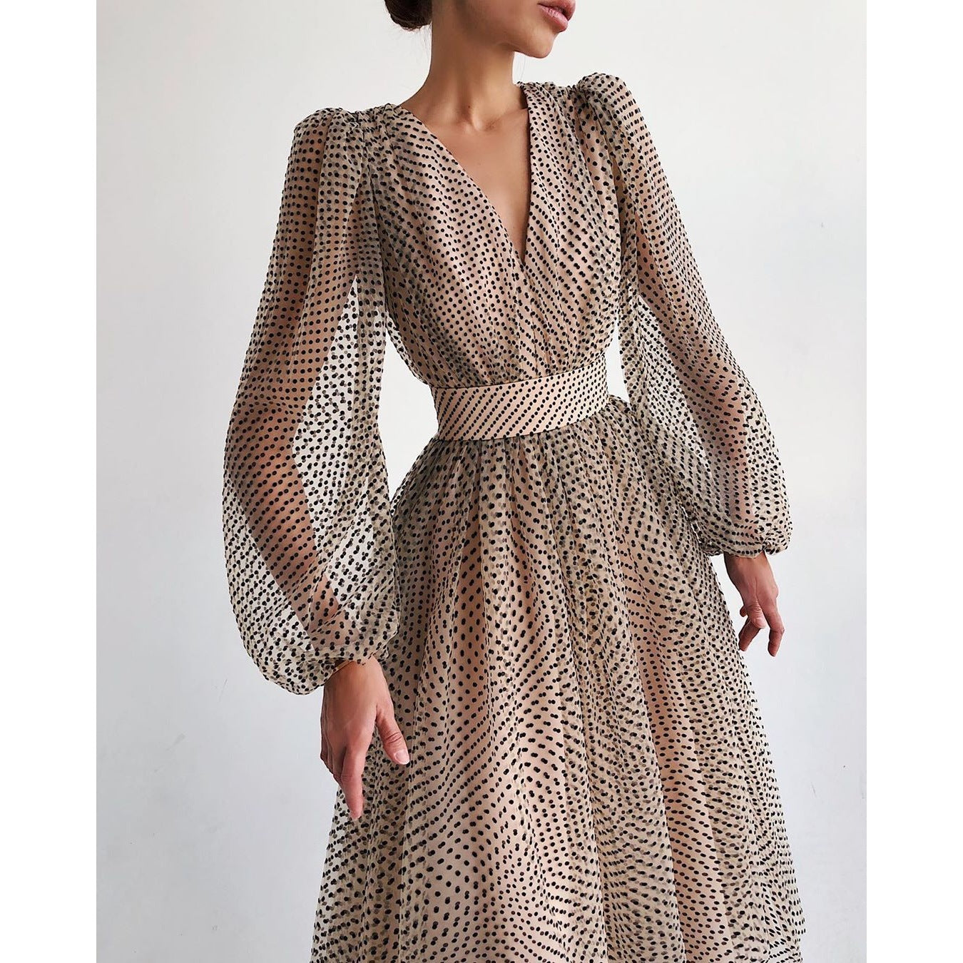 SWVWS Women Puff Sleeve Polka Dot Dress Elegant Lady Puff Sleeve Polka Dot Dress