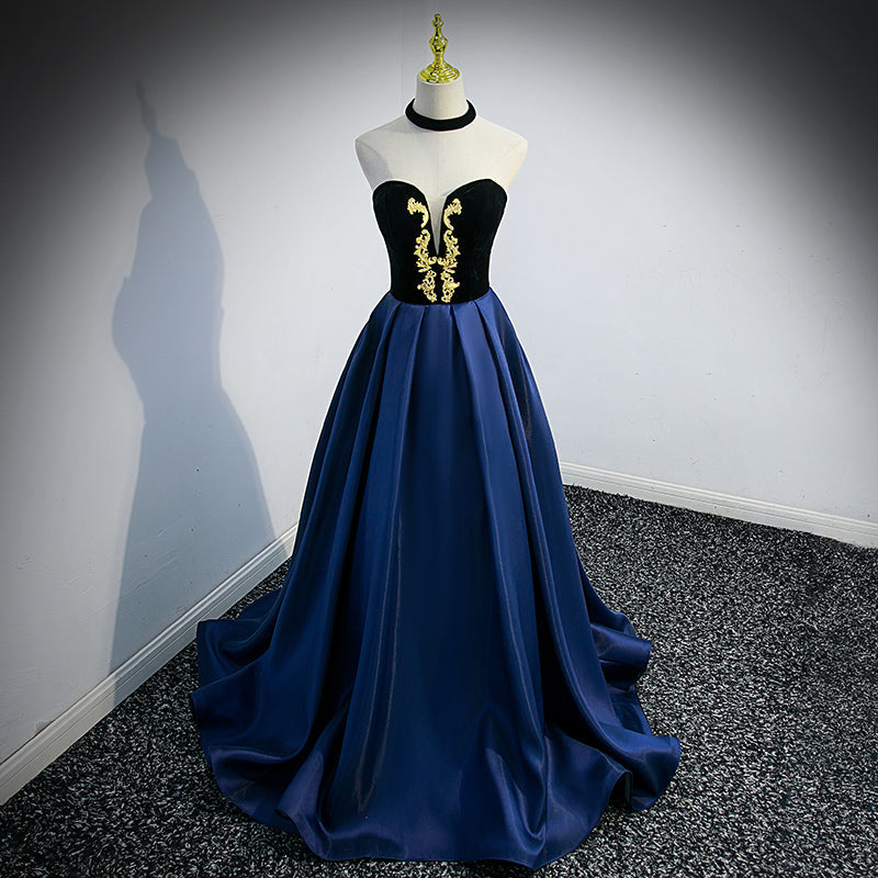 Tmallworld Beautiful Navy Blue Satin Halter Long Party Dress, Satin with Velvet Prom Dress