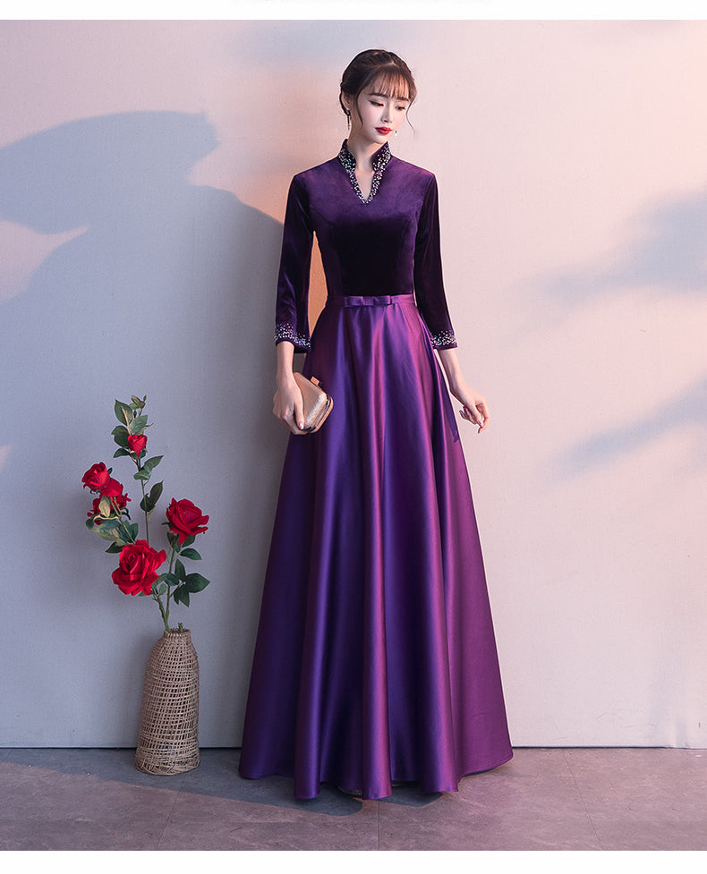 Tmallworld Dark Purple Satin Long Sleeves Beaded Velvet Bridesmaid Dress, Purple Formal Dress