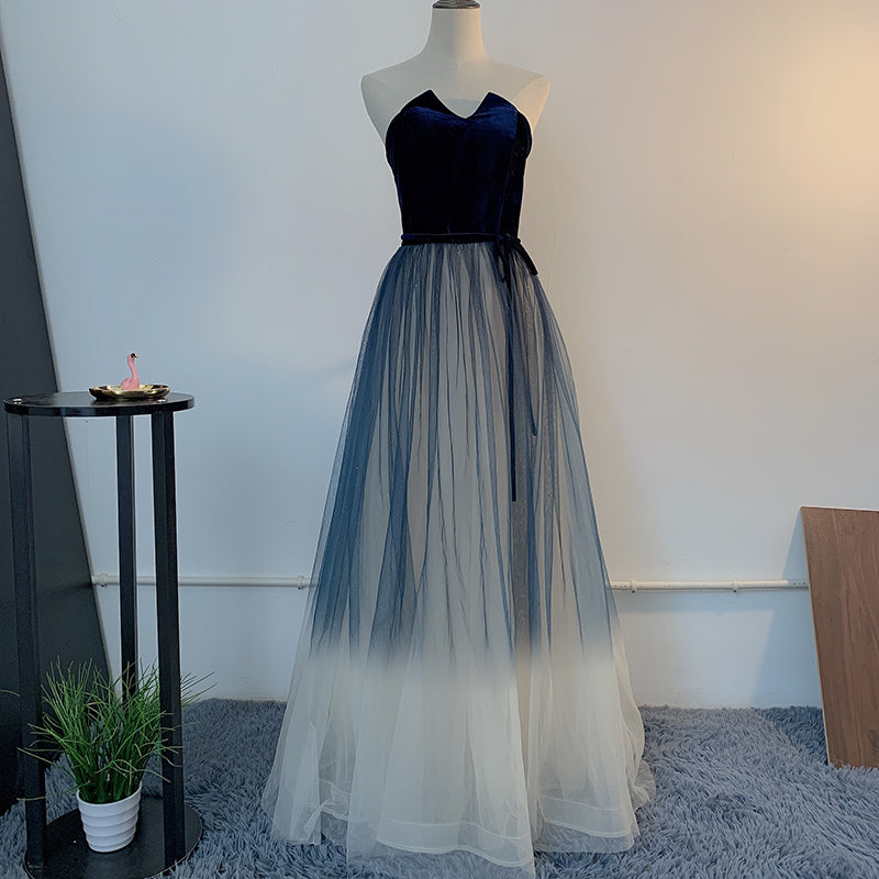 Tmallworld Unique Navy Blue Gradient Tulle with Velvet Top Prom Dress, Tulle Long Party Dress Formal Dress