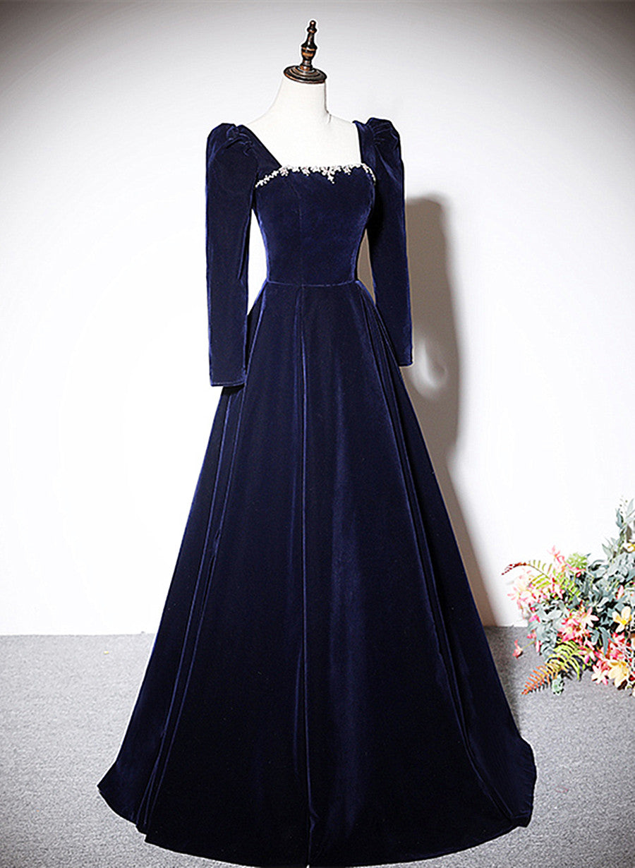 Tmallworld Navy Blue Velvet Long Sleeves Beaded Formal Dress, Blue A-line Prom Dress