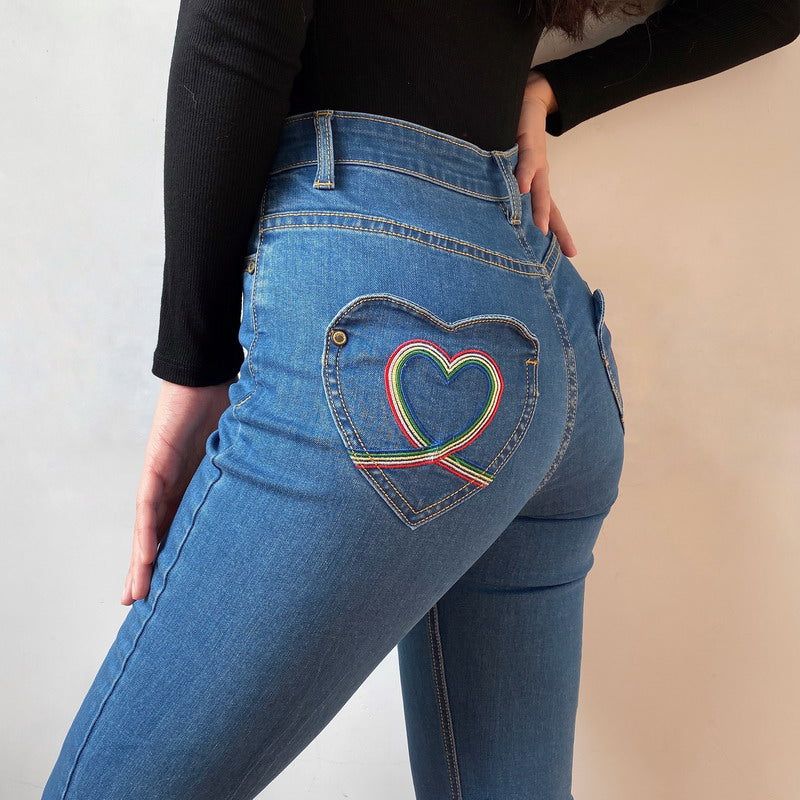 swvws - Rainbow Love Heart Bell Bottom Jeans ~ HANDMADE