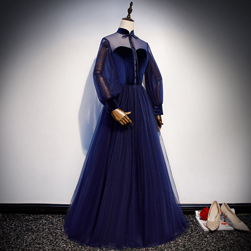 Tmallworld Navy Blue Velvet and Tulle A-line Long Sleeves Prom Dresses, Blue Bridesmaid Dresses