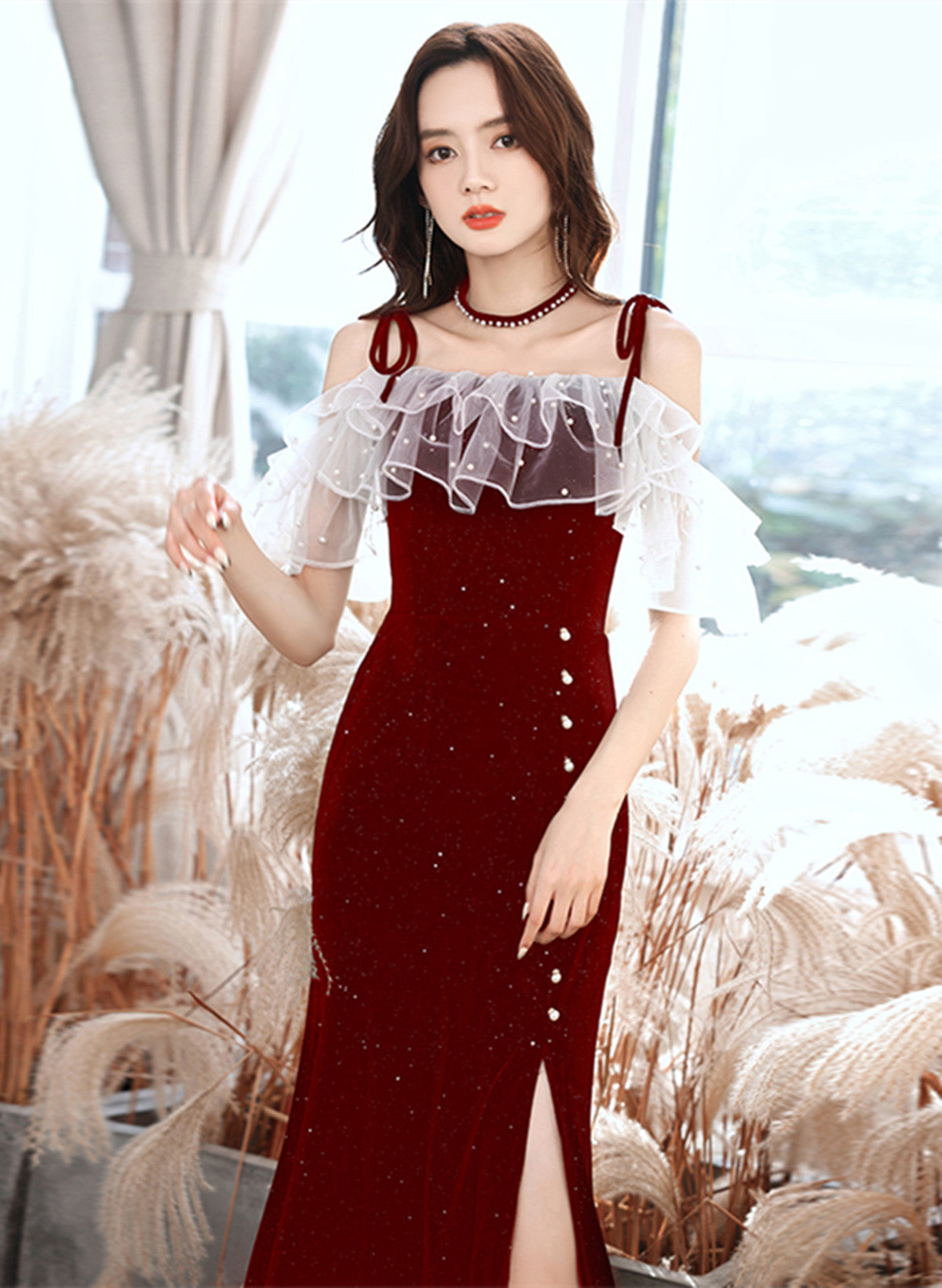 Tmallworld Wine Red Velvet Strapes Long Party Dress with Leg Slit, Wine Red Prom Dress