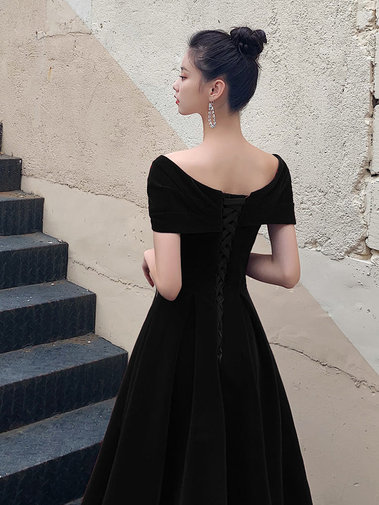 Tmallworld Black Velvet Elegant Lace-up Prom Dress, Black Off Shoulder Prom Dress