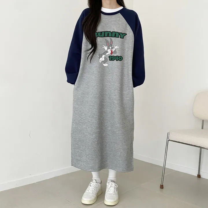 SWVWS 2025 Korean version Korean autumn and winter new 2025n retro loose letter printing thin dress splicing skirt casual medium length