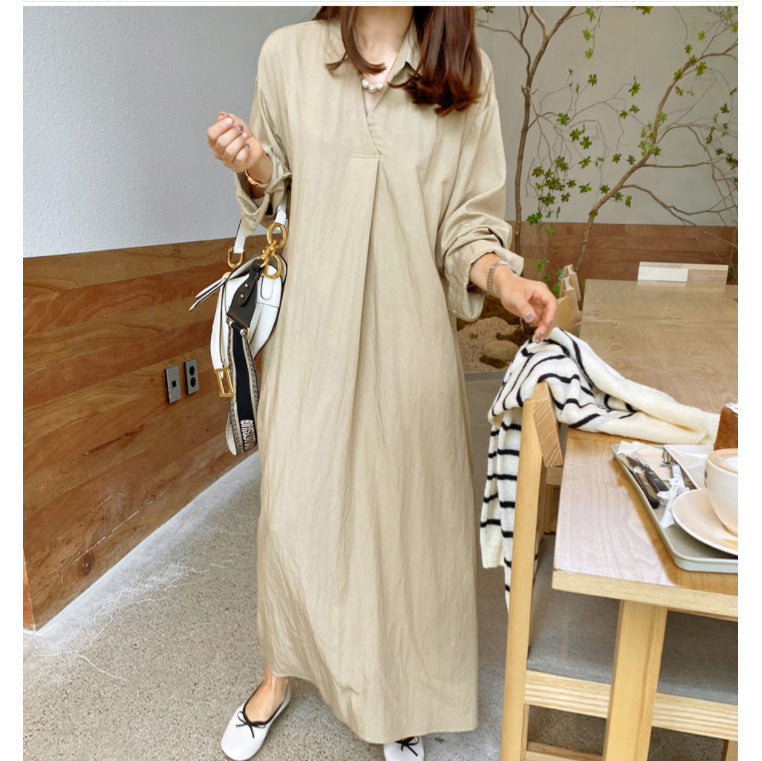 SWVWS New Solid Color Polo Collar Cotton and Linen Long Sleeve Simple Temperament Commute Loose Casual Long plus Size Dress