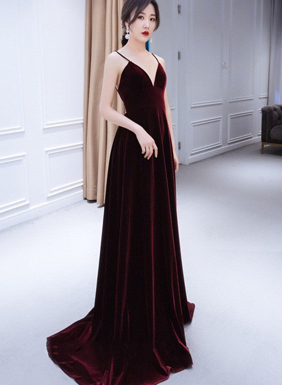 Tmallworld Beautiful V-neckline Straps Wine Red Velvet Prom Dress, Long Party Dress