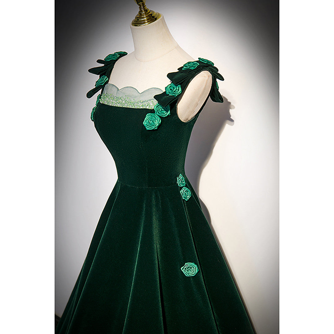 Tmallworld Dark Green Velvet Straps Long Formal Dress with Flowers, Green Evening Dress Prom Dress