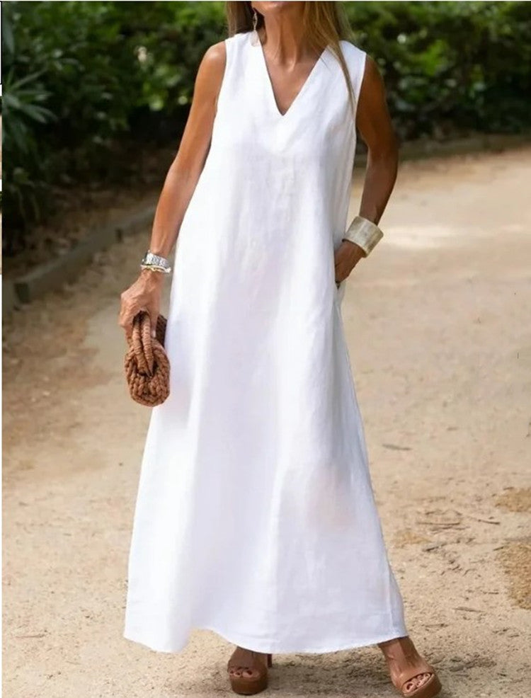 SWVWS Wish    Spring and Summer New Deep V-neck Sleeveless Large Long Style White Cotton Linen Dress