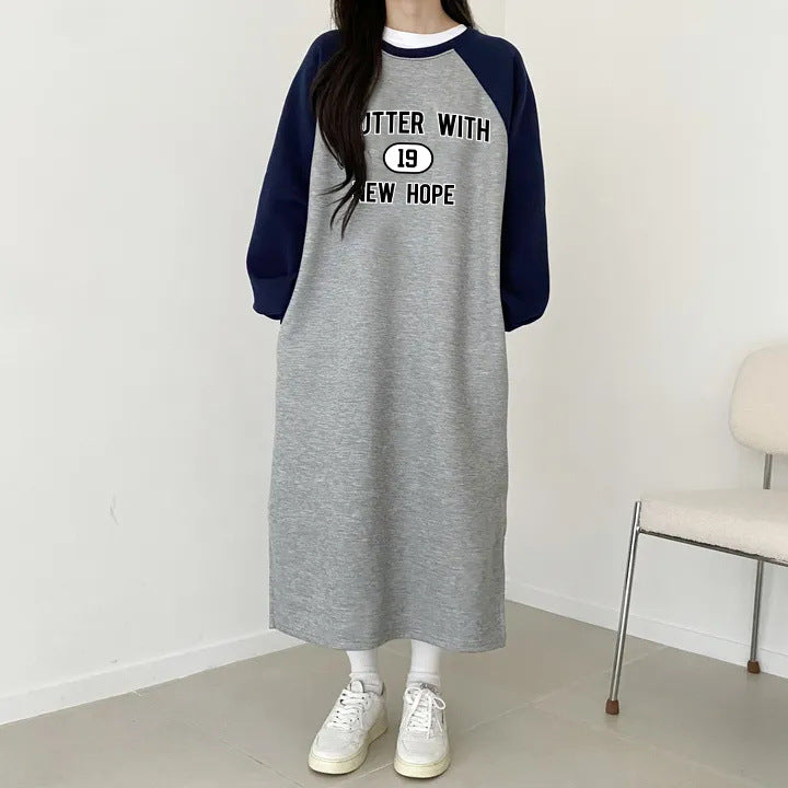 SWVWS 2025 Splicing medium and long T-shirt skirt fashionable versatile simple dress velvet cotton South Korea popular autumn and winter new women