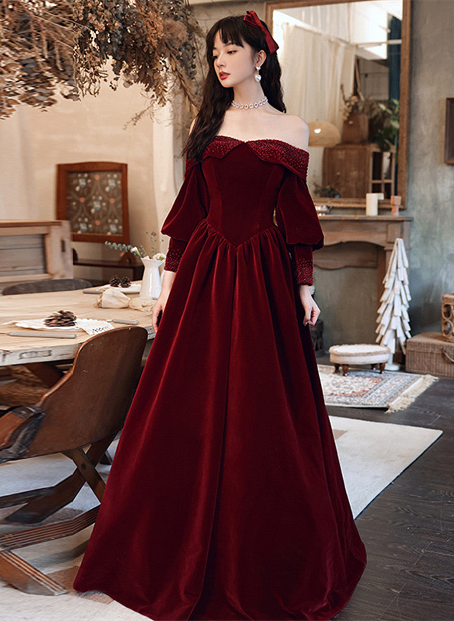 Tmallworld Wine Red Velvet Long Sleeves Beaded Party Dress, Sweetheart Long Prom Dress