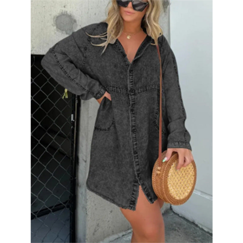 SWVWS New  Cross Border  Hot Denim Skirt V-neck Washed Loose Shirt Dress plus Size