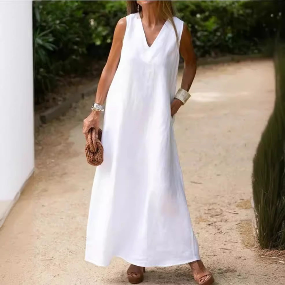 SWVWS Wish    Spring and Summer New Deep V-neck Sleeveless Large Long Style White Cotton Linen Dress