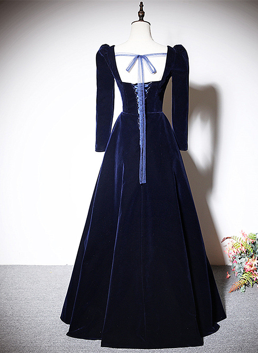 Tmallworld Navy Blue Velvet Long Sleeves Beaded Formal Dress, Blue A-line Prom Dress