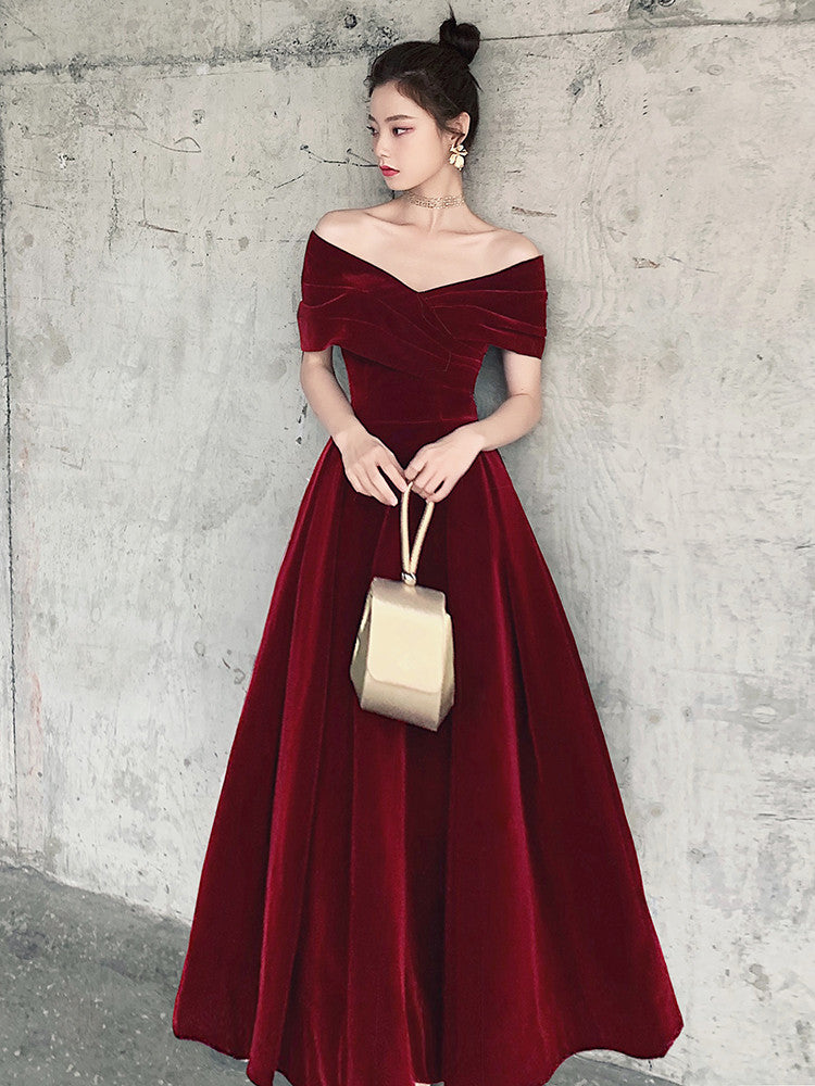 Tmallworld Elegant Velvet Burgundy Long Party Dress, A-line Evening Gown