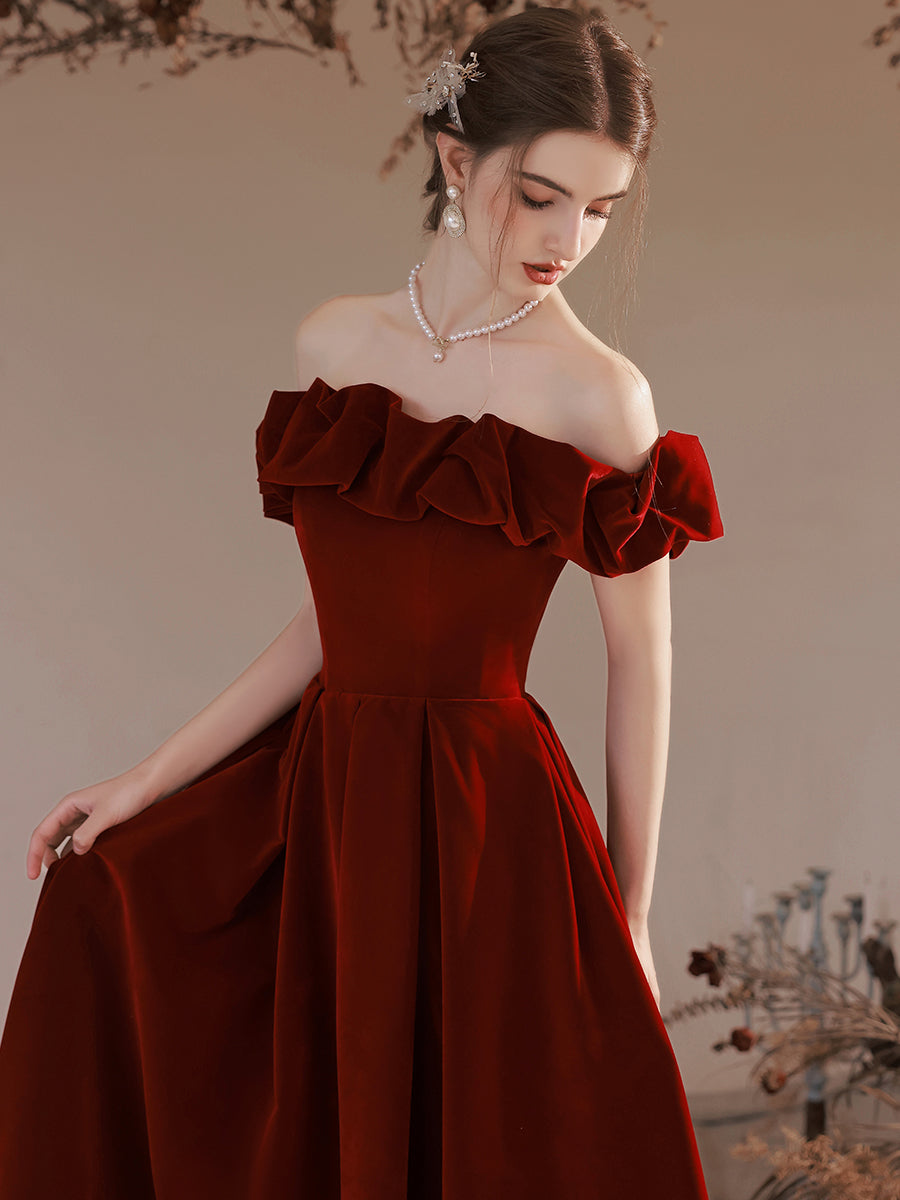 Tmallworld Off Shoulder Simple Velvet Long Evening Dress Prom Dress, Dark Red Formal Dresses