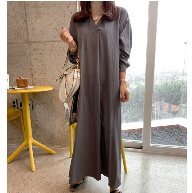 SWVWS New Solid Color Polo Collar Cotton and Linen Long Sleeve Simple Temperament Commute Loose Casual Long plus Size Dress