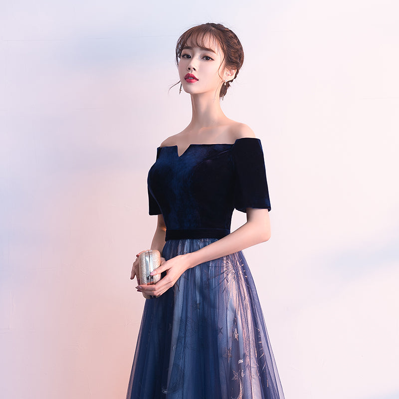 Tmallworld Navy Blue Short Sleeves Velvet and Tulle Party Dress, A-line Formal Gown, Prom Dress