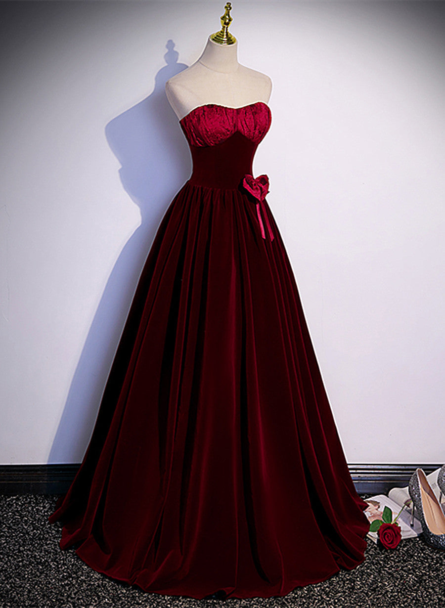 Tmallworld Wine Red Sweetheart Velvet Long Party Dress, A-line Wine Red Prom Dress