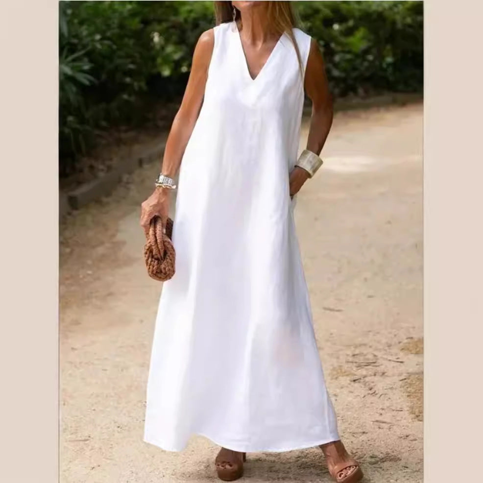 SWVWS Wish    Spring and Summer New Deep V-neck Sleeveless Large Long Style White Cotton Linen Dress