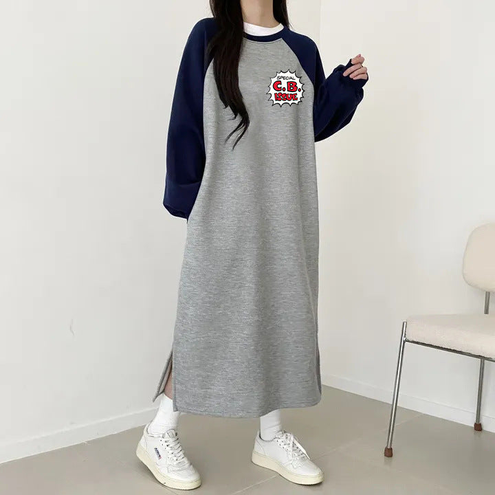 SWVWS 2025 Korean version medium and long casual long skirt large size Japanese and Korean version printed long-sleeved splicing dress women's autumn and winter tide brand