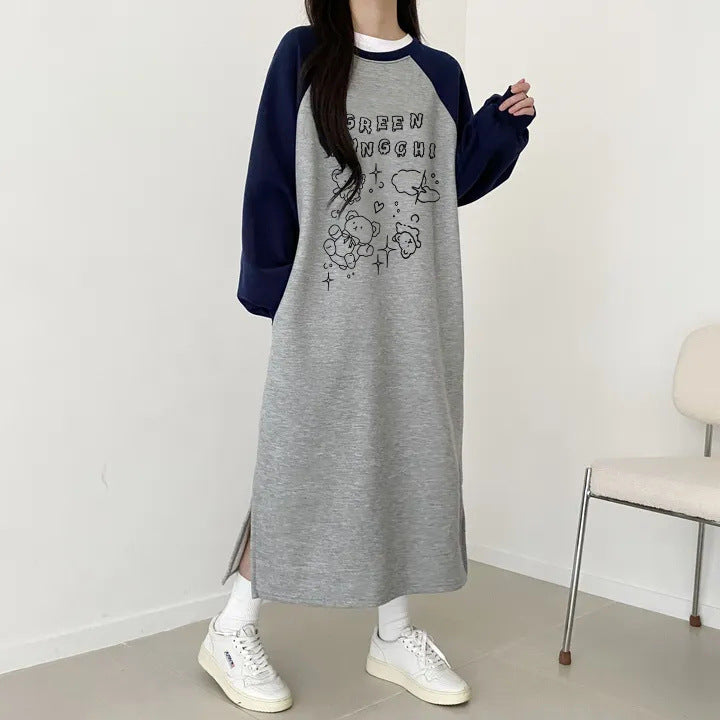 SWVWS 2025 Korean version new Korean version Popular style printing loose casual printing medium and long dress splicing T-shirt skirt women popular