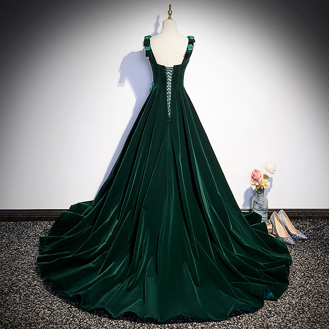 Tmallworld Dark Green Velvet Straps Long Formal Dress with Flowers, Green Evening Dress Prom Dress