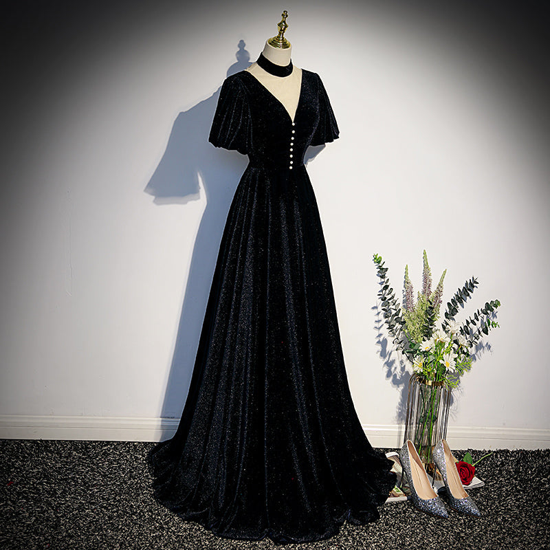 Tmallworld Long Velvet V-neckline Floor Length Prom Dresses, Black Evening Wedding Party Dresses