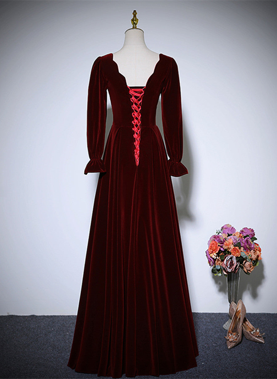 Tmallworld Wine Red Velvet Long Sleeves Wedding Party Dress, A-line Velvet Prom Dress