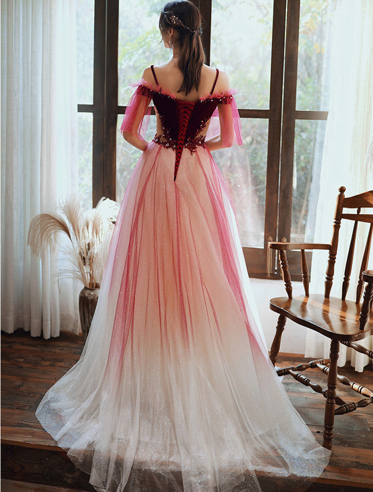 Tmallworld Dark Red Velvet and Tulle Gradient Long Formal Gown,A-line Tulle with Lace Prom Dresses