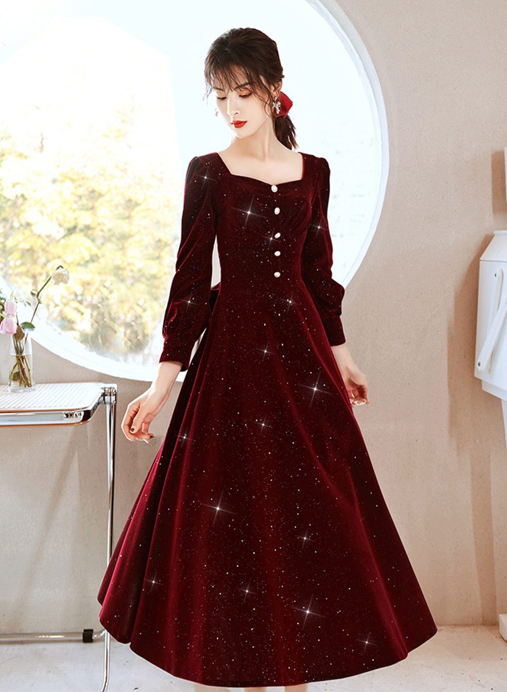 Tmallworld Wine Red Velvet Elegant Tea Length Bridesmaid Dress, Wine Red Homecoming Dress