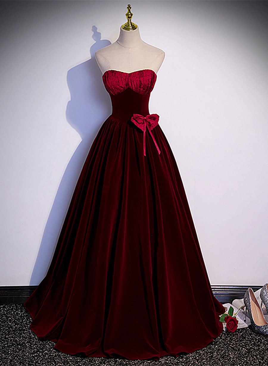 Tmallworld Wine Red Sweetheart Velvet Long Party Dress, A-line Wine Red Prom Dress