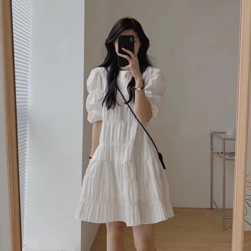 swvws  Summer  New Design Sense Niche Pleated Puff Sleeve  Dress Women's Summer Small Slim Skirt