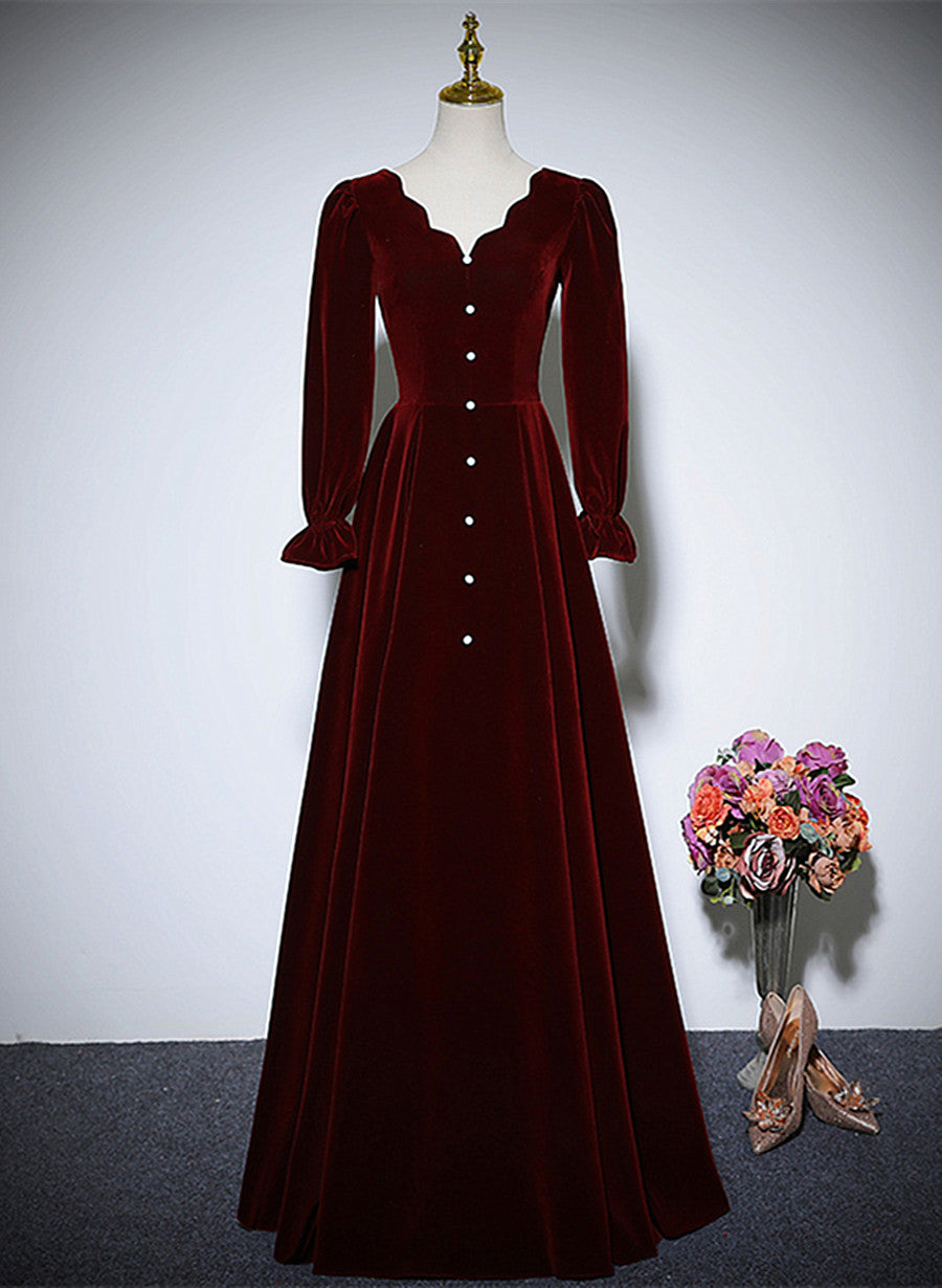 Tmallworld Wine Red Velvet Long Sleeves Wedding Party Dress, A-line Velvet Prom Dress