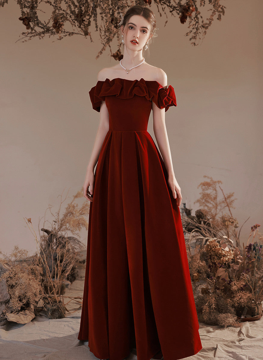 Tmallworld Off Shoulder Simple Velvet Long Evening Dress Prom Dress, Dark Red Formal Dresses