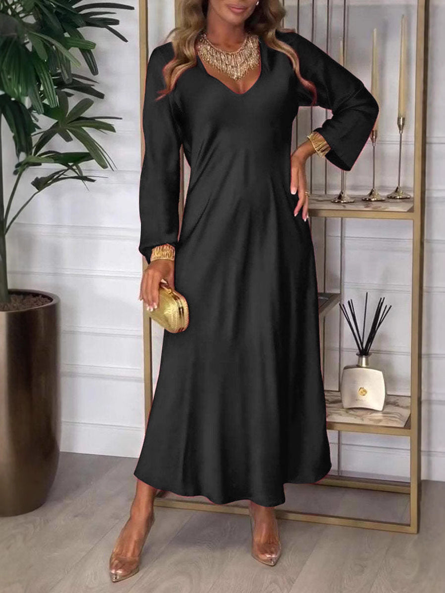 SWVWS New 2025 cross-border independent station new v-neck long-sleeved autumn solid color sexy dress long dress