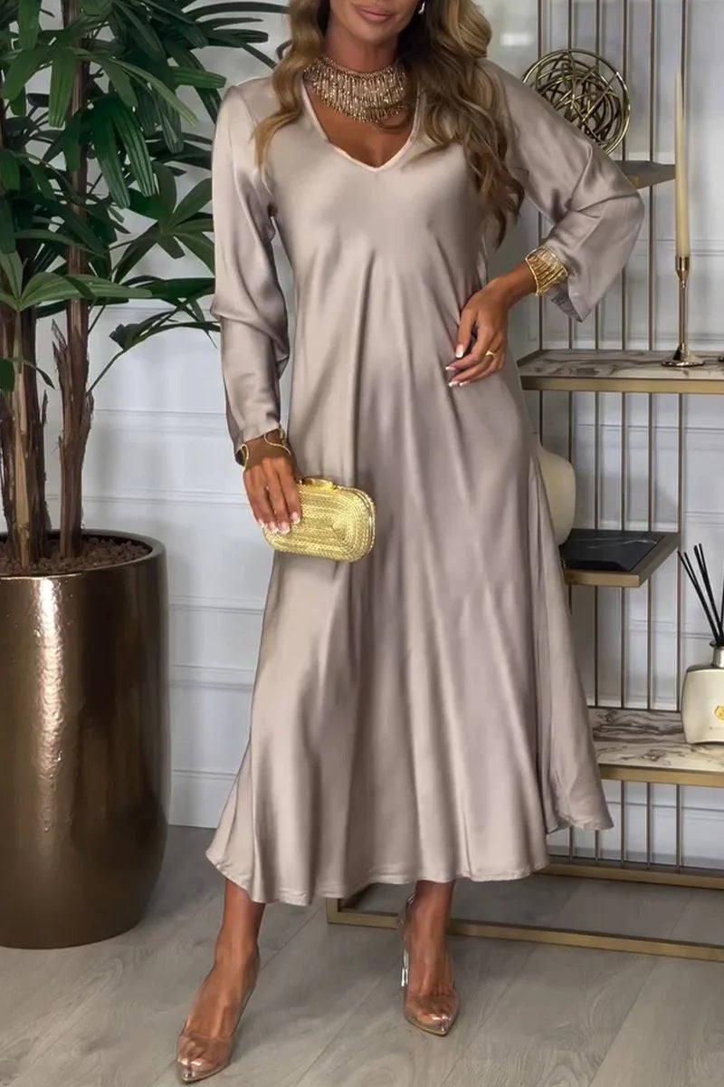 SWVWS New 2025 cross-border independent station new v-neck long-sleeved autumn solid color sexy dress long dress