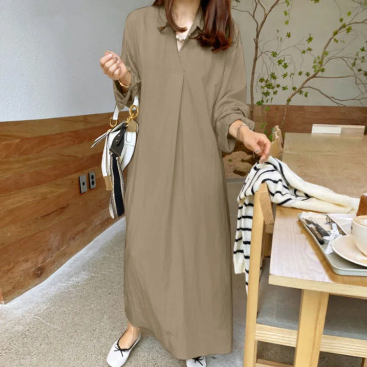 SWVWS New Solid Color Polo Collar Cotton and Linen Long Sleeve Simple Temperament Commute Loose Casual Long plus Size Dress