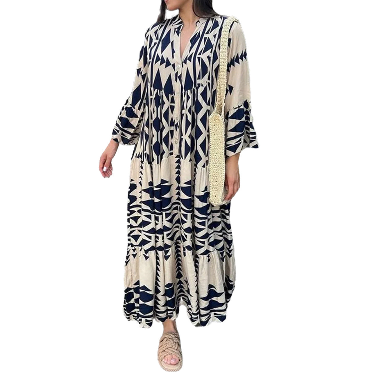 SWVWS Cross-Border European and American plus Size Women's Clothes  New Temperament Printed Shirt Skirt Bohemian Dress