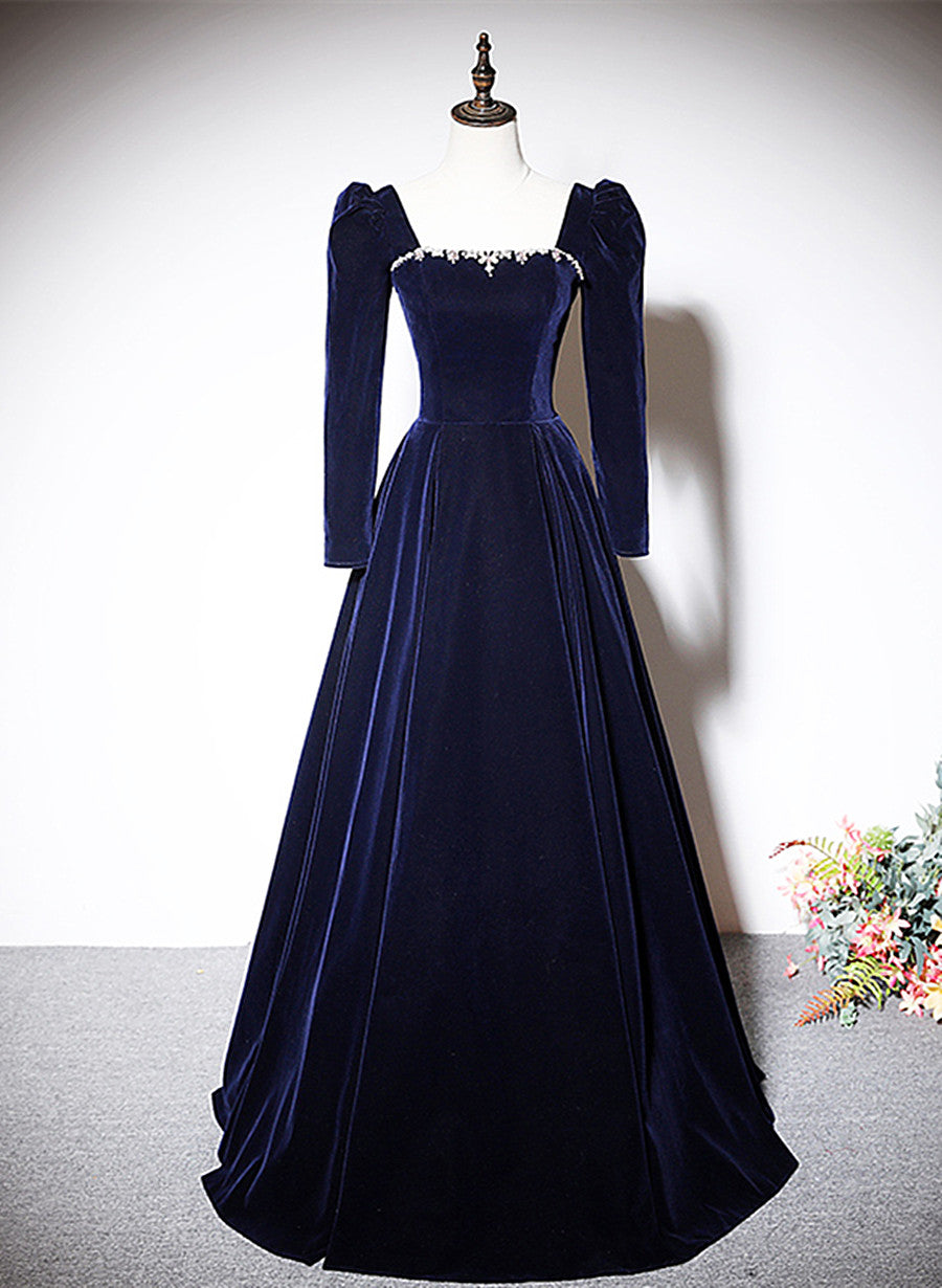 Tmallworld Navy Blue Velvet Long Sleeves Beaded Formal Dress, Blue A-line Prom Dress